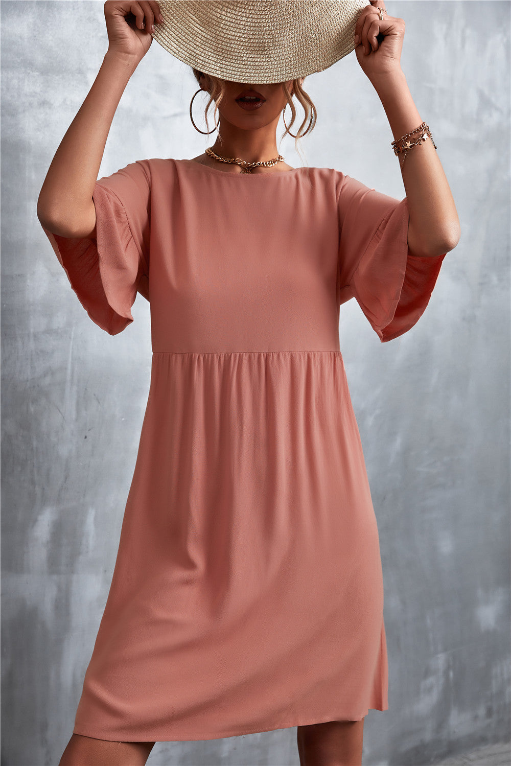 Damen Freizeitkleid mit weit ausgestellten Ärmeln und elastischem Taillenbund R&B