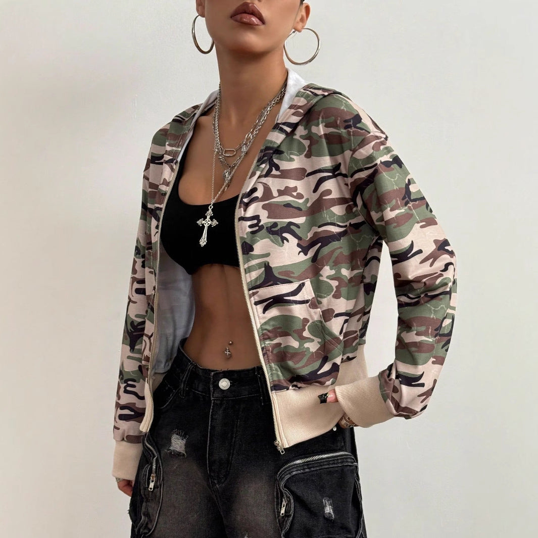 Damen Cargojacke im trendigen Camouflage-Design mit Kapuze und elastischem Bund R&B