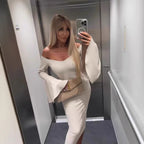 Damen Elegantes Langarmkleid mit weiten Ärmeln und Schlitz R&B