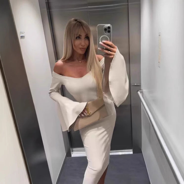 Damen Elegantes Langarmkleid mit weiten Ärmeln und Schlitz R&B