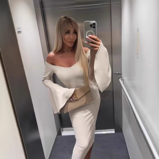 Damen Elegantes Langarmkleid mit weiten Ärmeln und Schlitz R&B