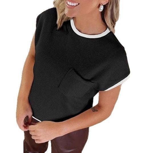 Damen stylisches Kurzarmshirt mit Brusttasche und kontrastierenden Details R&B