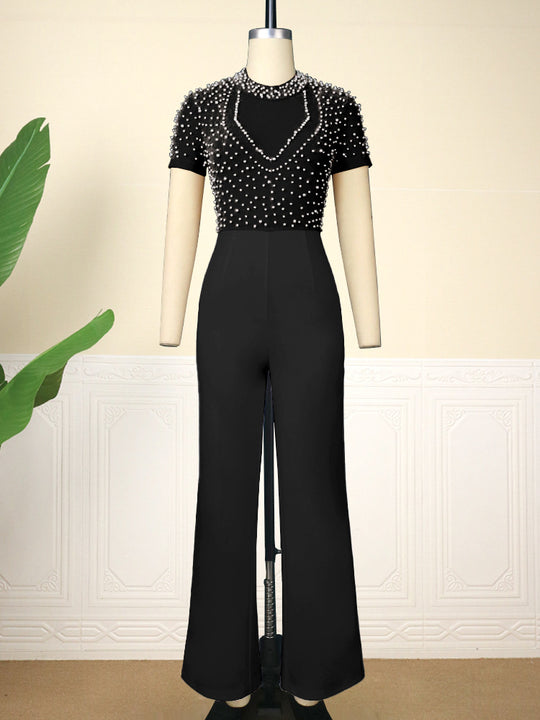 Damen eleganter Jumpsuit mit glitzernden Perlenakzenten R&B