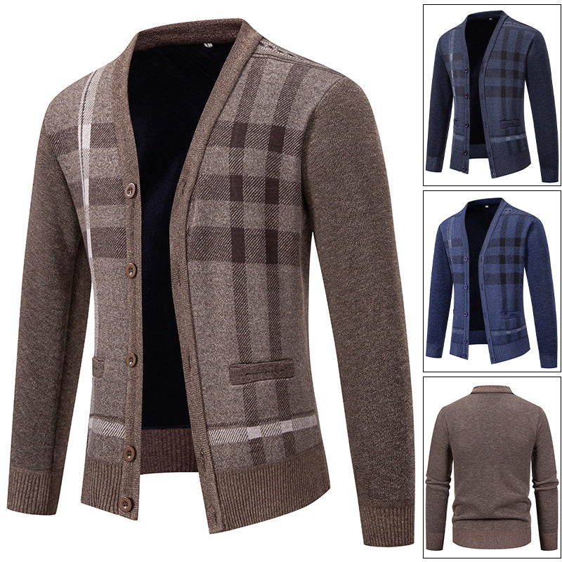 Herren stilvolle Strickjacke mit modernem Karomuster und praktischen Taschen R&B