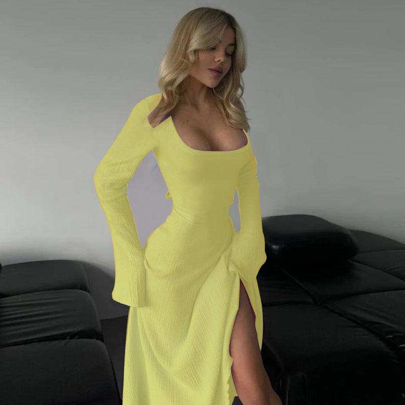 Damen elegantes Maxikleid mit tiefem V-Ausschnitt und schwingendem Rock R&B