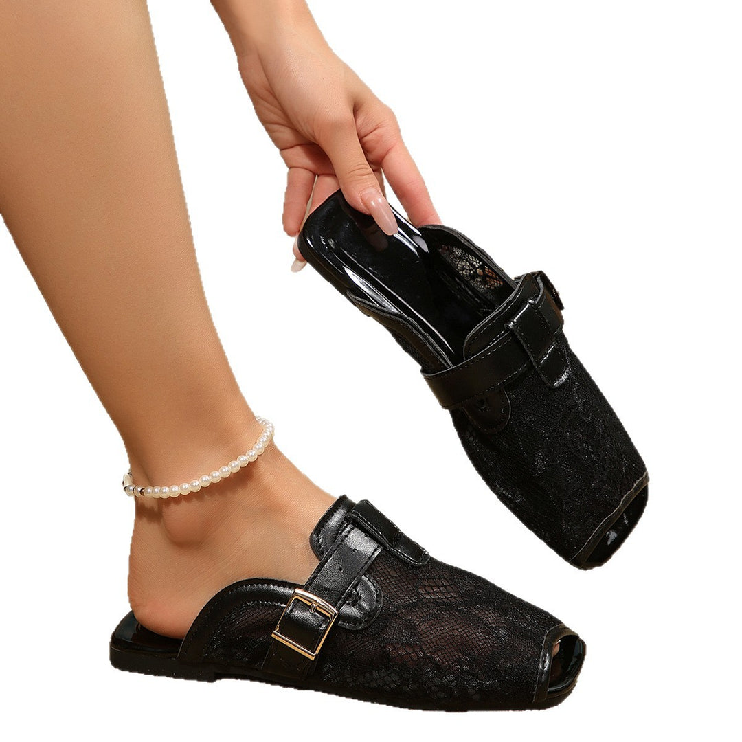 Damen bequeme Pantoletten mit floralem Spitzenmuster und verstellbarem Riemen R&B