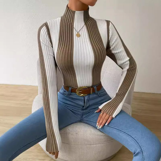 Damen Langarmshirt mit strukturiertem Rippmuster und hohem Kragen R&B