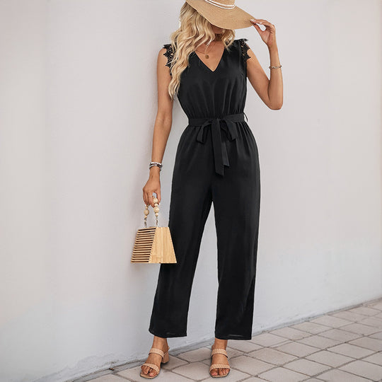 Damen Eleganter Jumpsuit mit Spitzenarm-Akzenten und Taillengürtel R&B