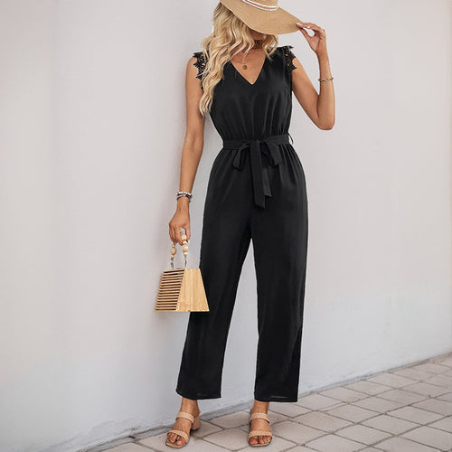 Damen Eleganter Jumpsuit mit Spitzenarm-Akzenten und Taillengürtel R&B