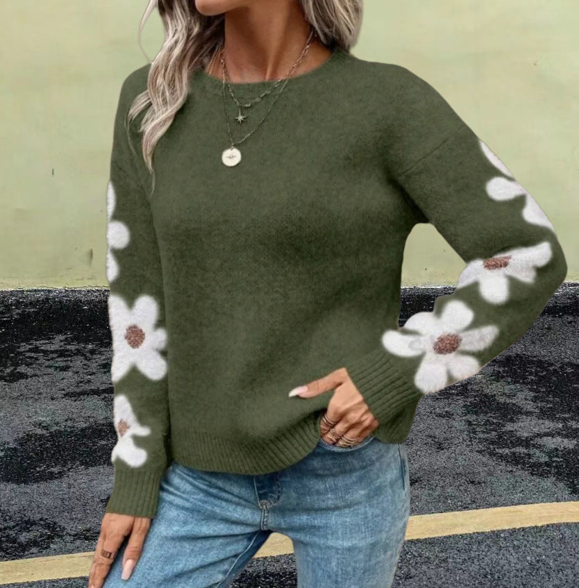 Damen Strickpullover mit floralem Muster und Rundhalsausschnitt R&B