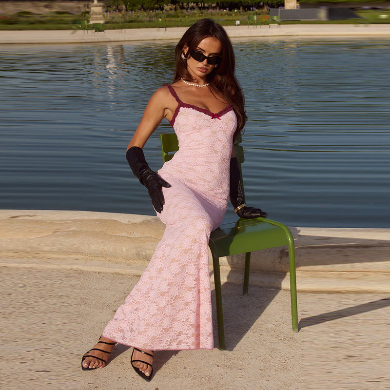 Damen Elegantes Spitzenmaxikleid mit feinem Trägerdesign