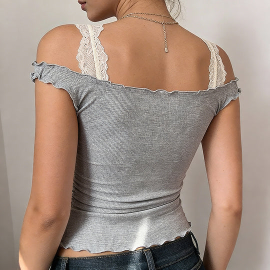 Damen figurbetontes Baumwolloberteil mit zarten Spitzenakzenten und Rüschendetails R&B