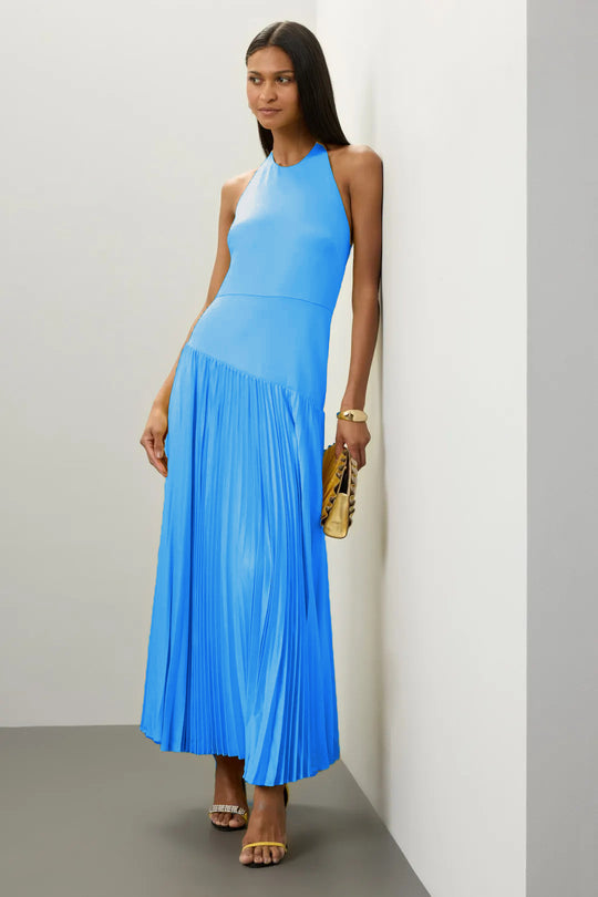 Damen Elegantes Maxi-Kleid mit fließendem Faltenrock und Halterneck-Design R&B