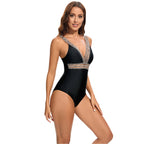 Damen Eleganter Einteiler Badeanzug mit tiefem V-Ausschnitt und funkelnden Akzenten R&B