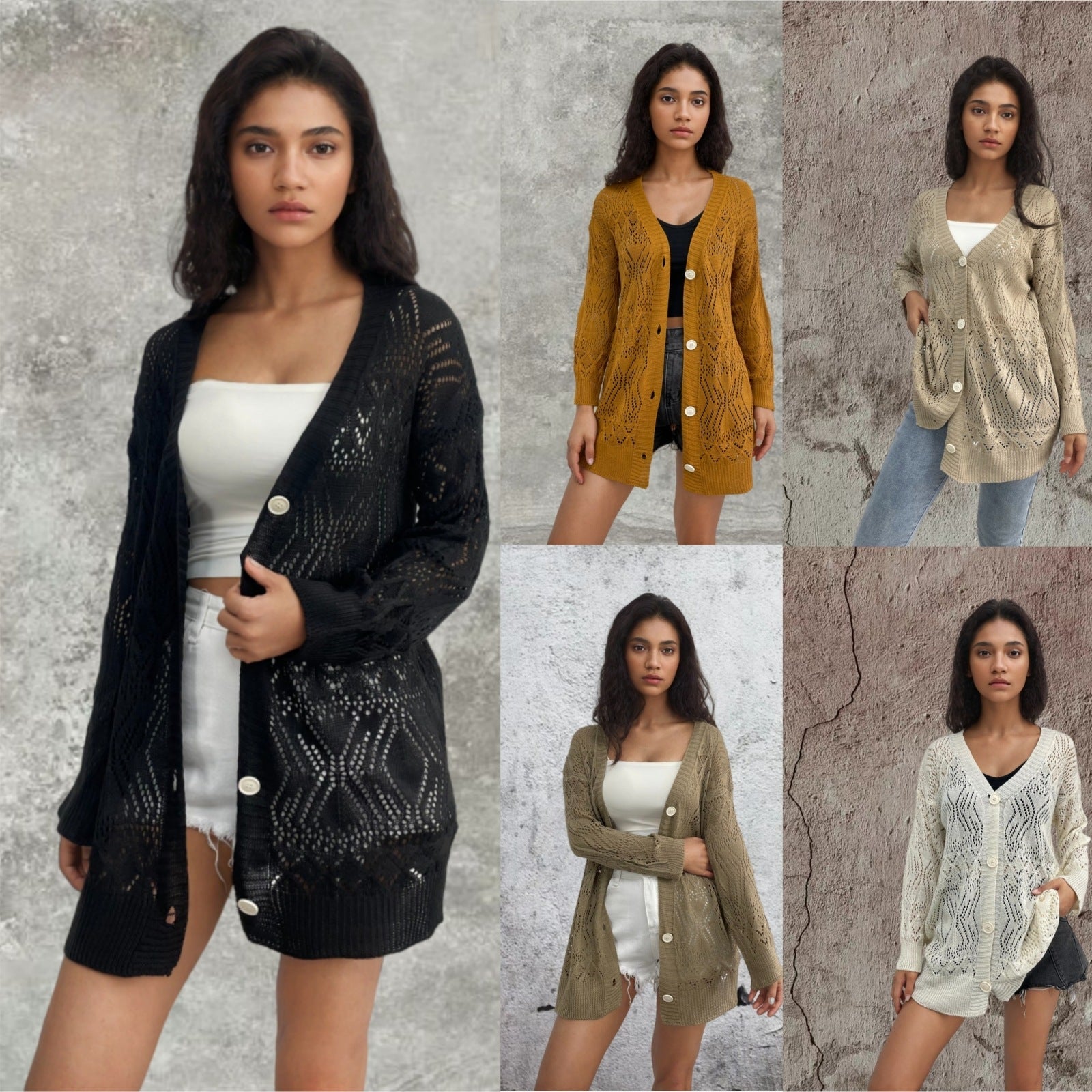 Damen Luftige Strickjacke mit filigranem Häkelmuster und Knopfdetails R&B