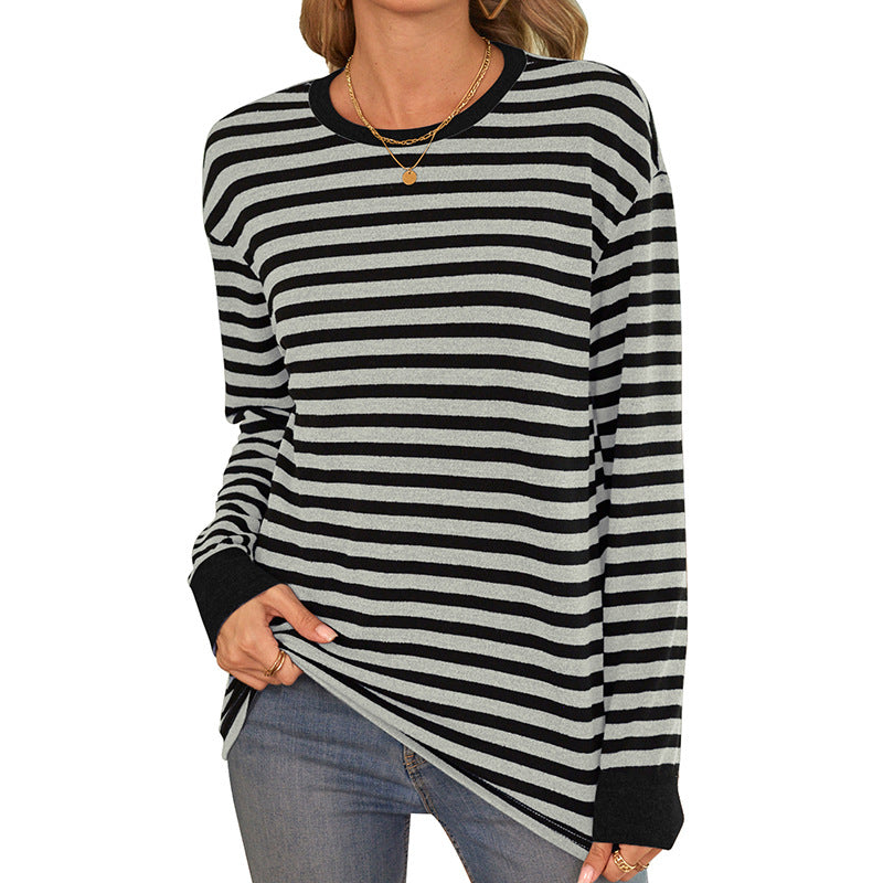 Damen bequemes Langarmshirt mit gestreiftem Design und Rundhalsausschnitt R&B