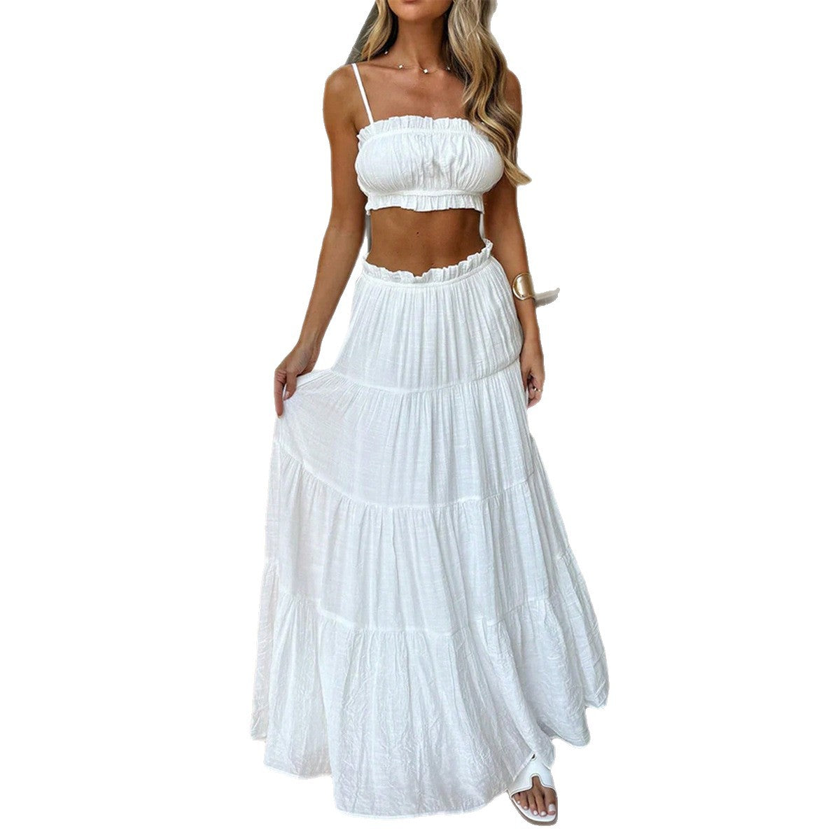 Damen Boho Maxikleid mit gepufften Trägern und Rüschendetails R&B