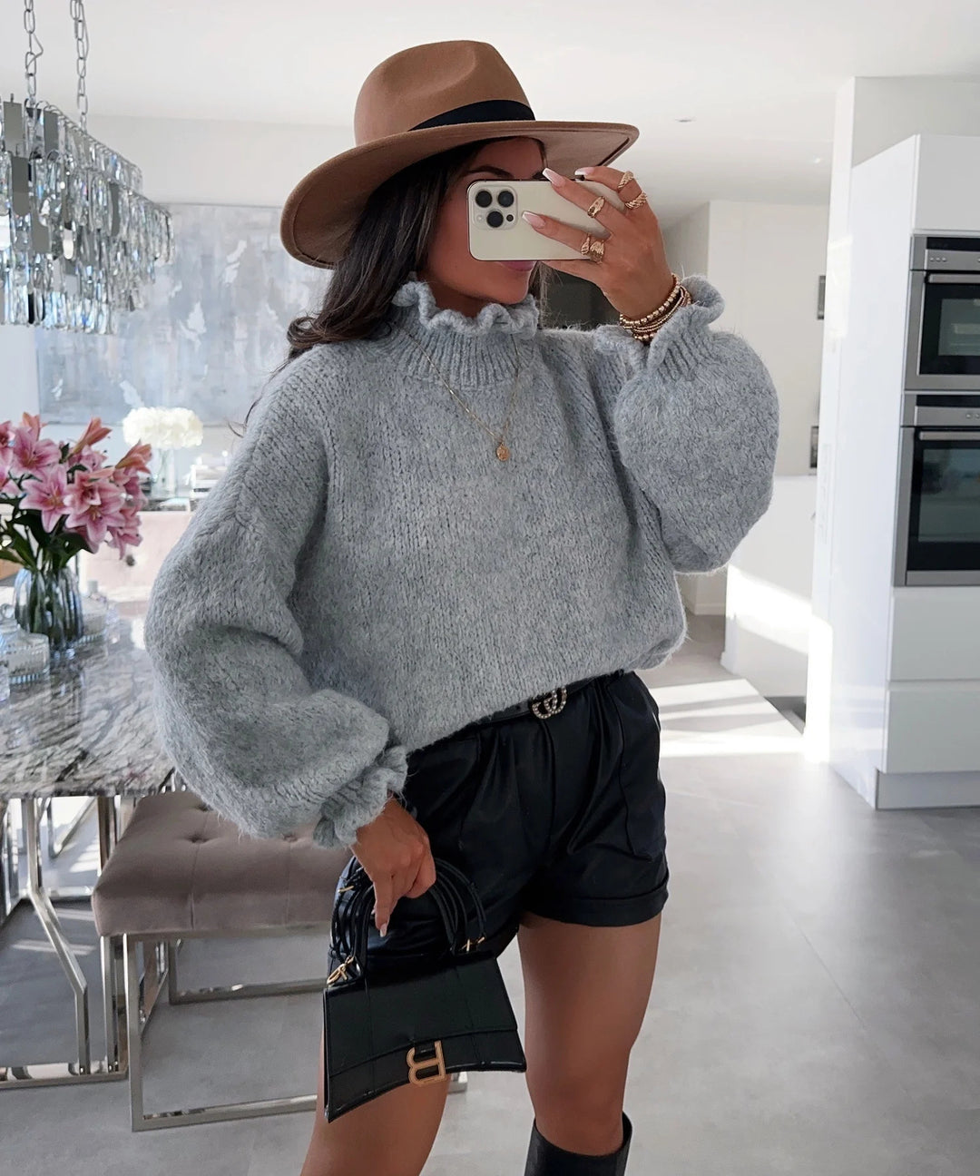 Damen kuscheliger Rollkragenpullover mit weiten Ärmeln und strukturellem Design R&B