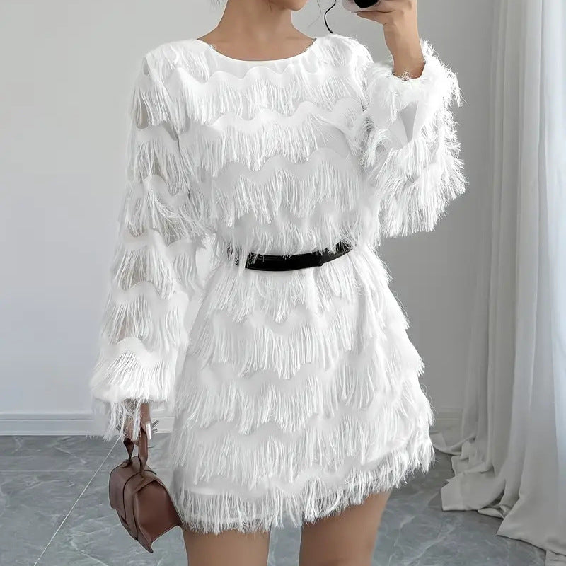 Damen Kleid mit Wellenmuster und voluminösen Fransen R&B