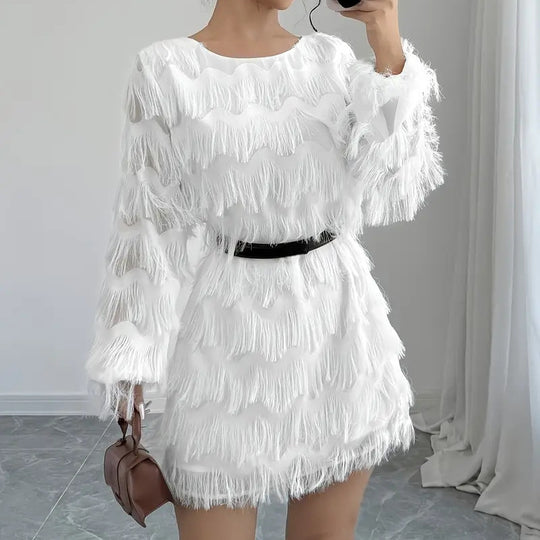 Damen Kleid mit Wellenmuster und voluminösen Fransen R&B