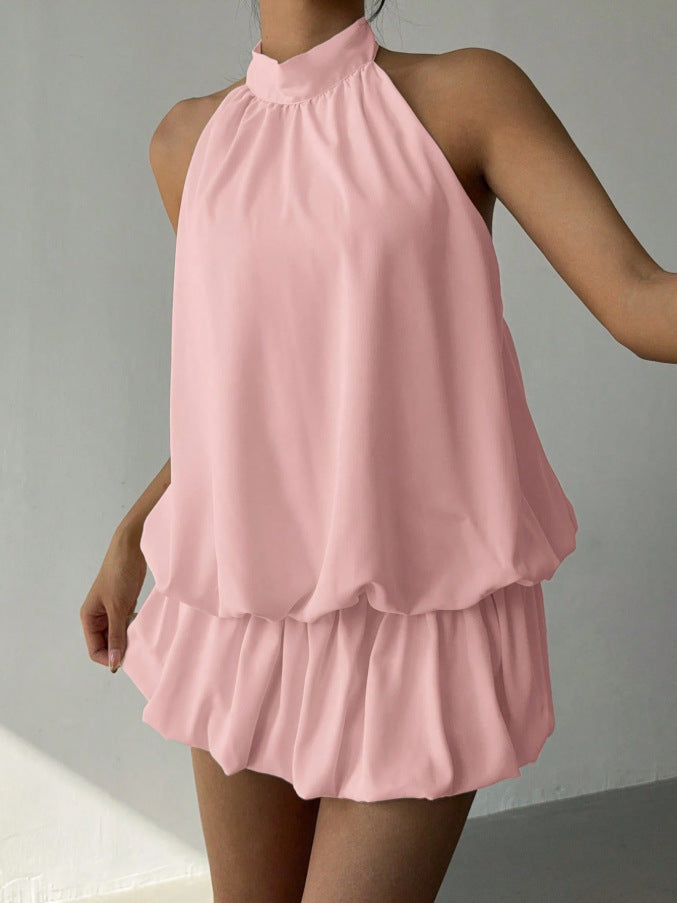 Damen sommerliches Minikleid mit haltem Kragen und asymmetrischem Design R&B