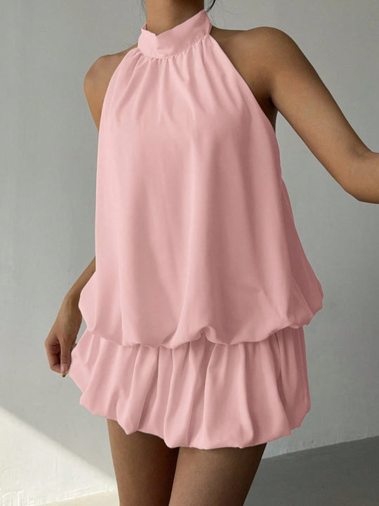 Damen sommerliches Minikleid mit haltem Kragen und asymmetrischem Design R&B