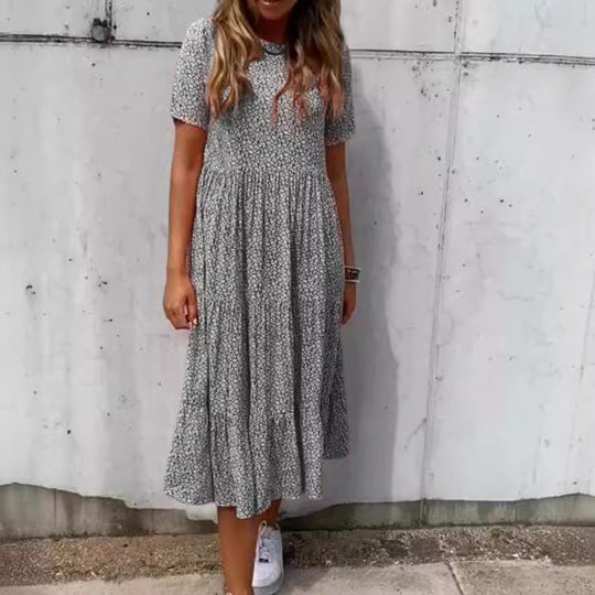 Damen nan geblümtes gekrepptes Midikleid mit geraffter Empire-Taille, kurzen Ärmeln und stufigem Volantrock R&B