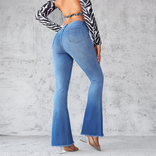 Damen Flared Jeans mit hohen Bund und ausgefranstem Saum R&B