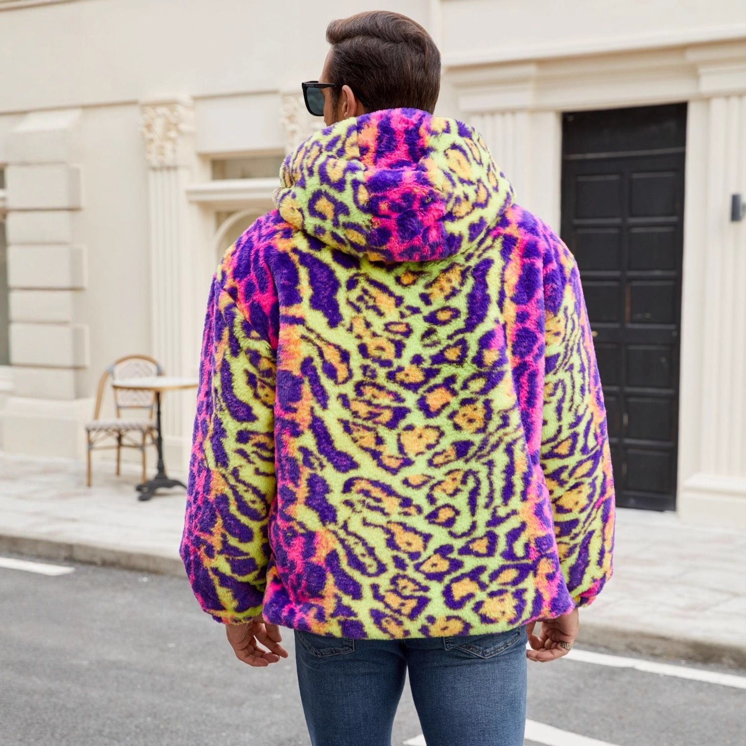Herren Plüschjacke mit auffälligem Tierprint und Kapuze R&B