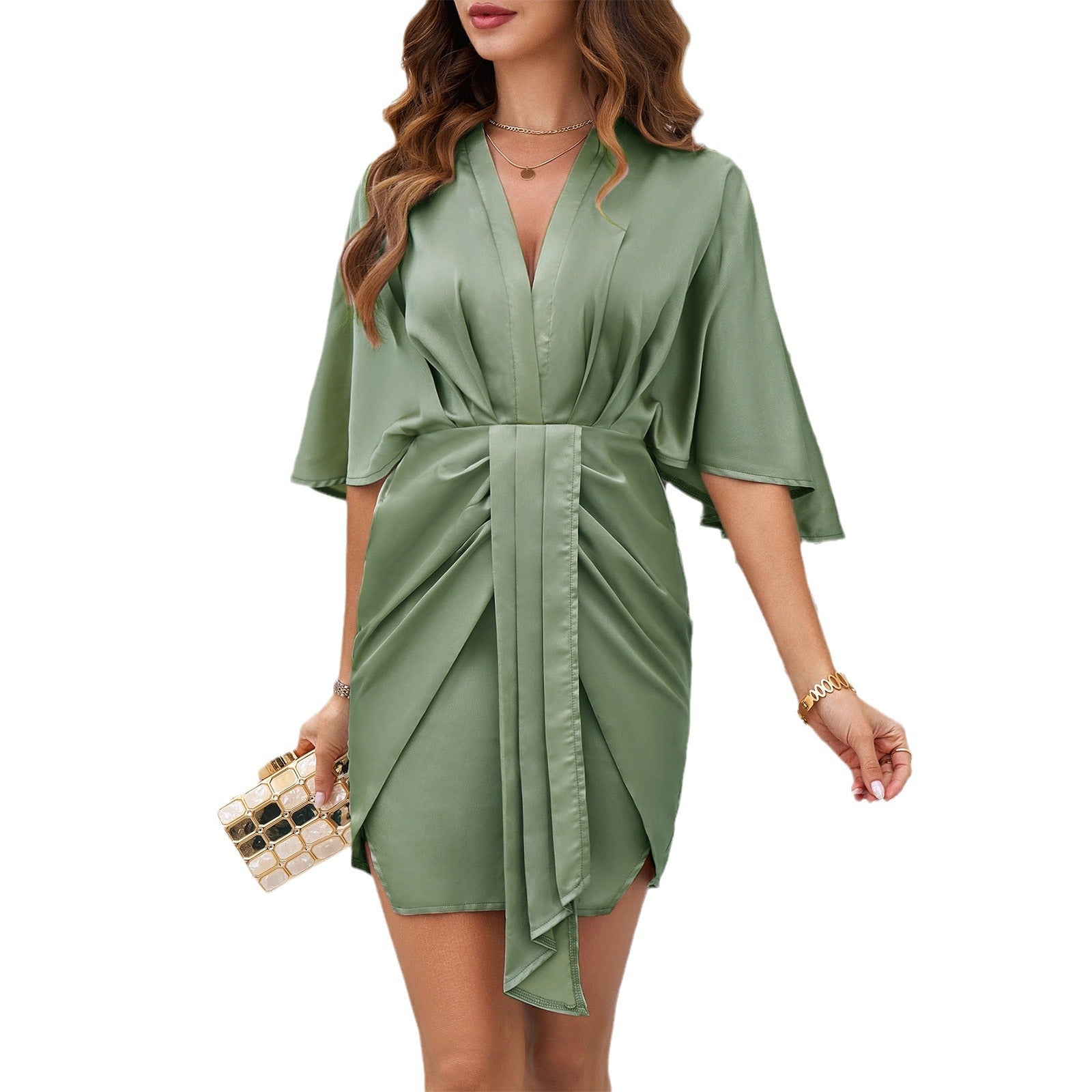 Damen Kurz-Kimono Kleid mit tiefem V-Ausschnitt und Wickeldetail R&B