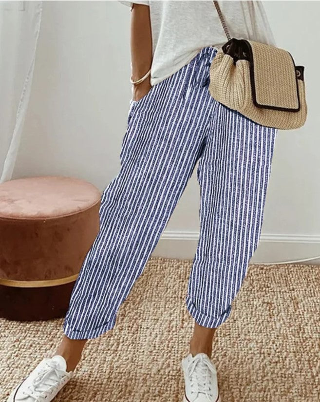 Damen lässige Streifenhose mit elastischem Bund und praktischen Eingrifftaschen R&B