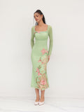 Damen elegantes Midikleid mit floralem Design und transparenten Longsleeves R&B