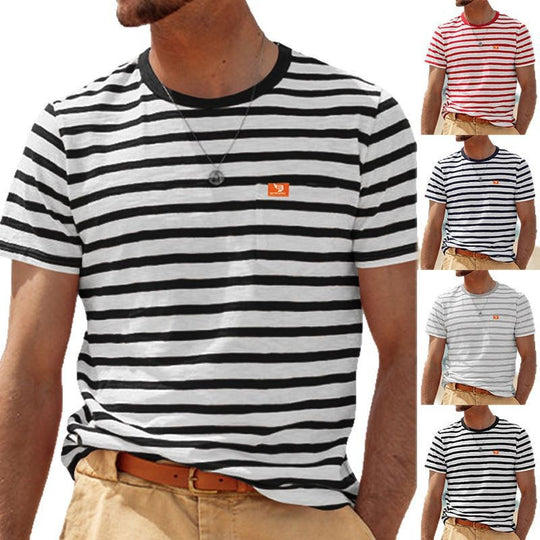 Herren nan lässiges gestreiftes Baumwoll-Jersey T-Shirt mit Rundhalsausschnitt und unaufdringlichem Logo-Patch R&B