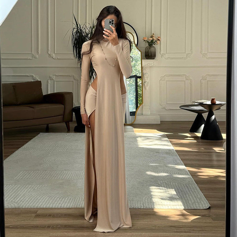 Damen Elegantes Maxikleid mit raffinierten Seitenschlitzen und langen Ärmeln R&B
