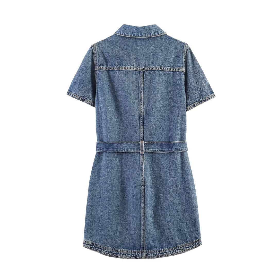 Damen Jeanskleid mit Taillengürtel und Kurzarm R&B