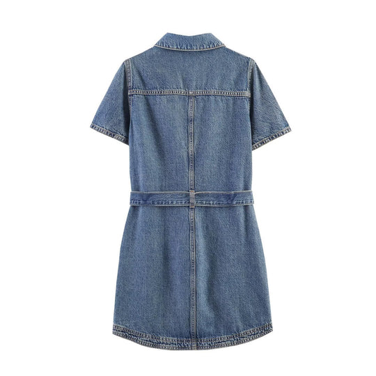 Damen Jeanskleid mit Taillengürtel und Kurzarm R&B