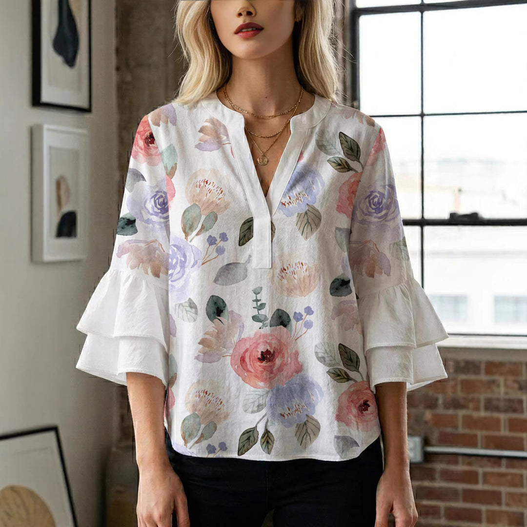 Damen Elegantes Oberteil mit voluminösen Rüchenärmeln und floralem Druck R&B