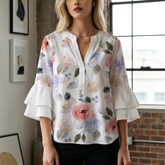 Damen Elegantes Oberteil mit voluminösen Rüchenärmeln und floralem Druck R&B
