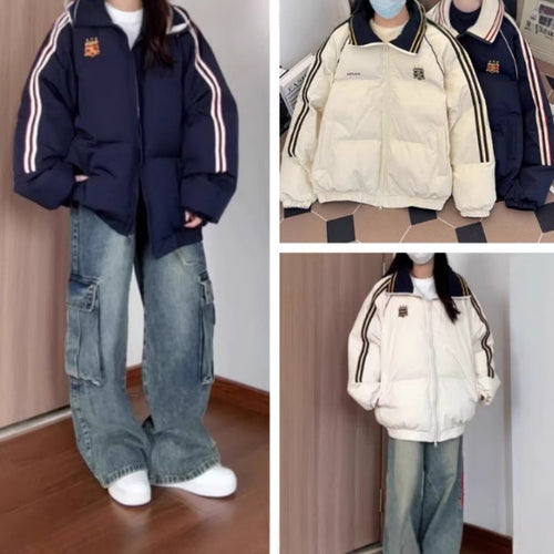 Damen Sportliche Pufferjacke mit kontrastierenden Streifen und hohem Kragen R&B