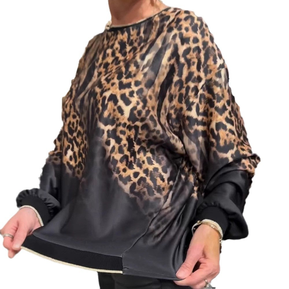 Damen nan seidige Oversize-Bluse mit Animalmuster, Raglanärmeln und elastischem Saum R&B