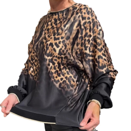 Damen nan seidige Oversize-Bluse mit Animalmuster, Raglanärmeln und elastischem Saum R&B