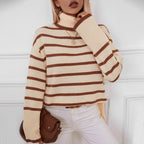 Damen modischer Rollkragenpullover mit breiten Streifen und lässigem Schnitt