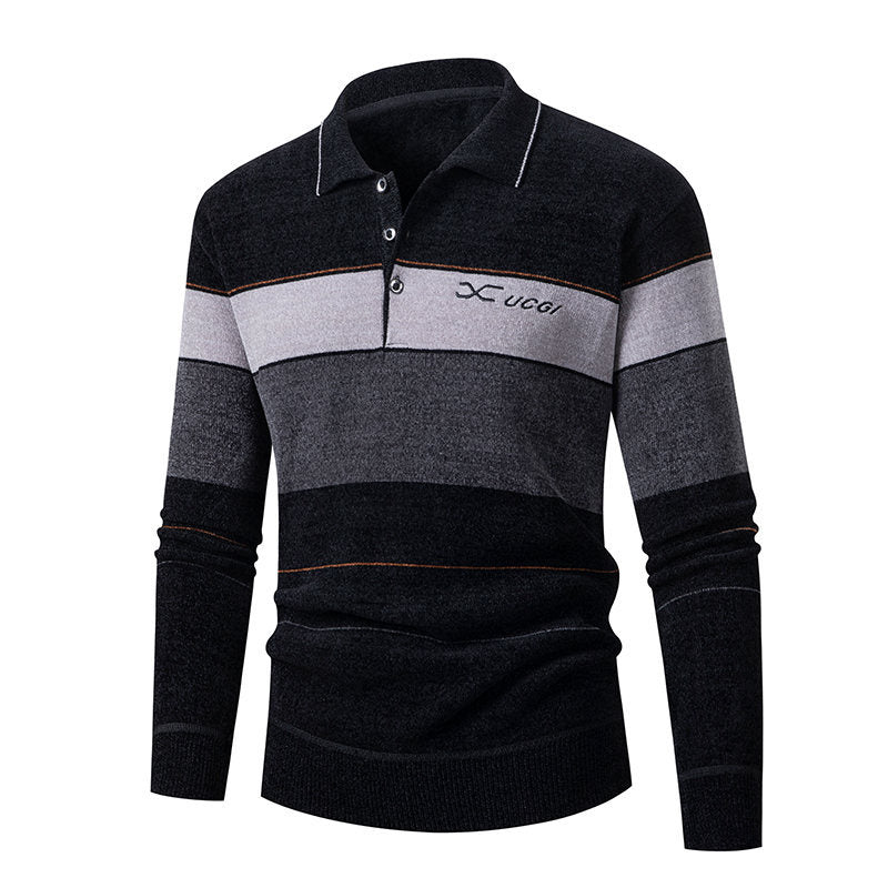 Herren Langarm Polohemd mit gestreiftem Design und Knopfleiste