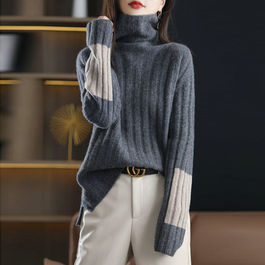 Damen Grob gestrickter Rollkragenpullover mit modischem Streifenmuster R&B