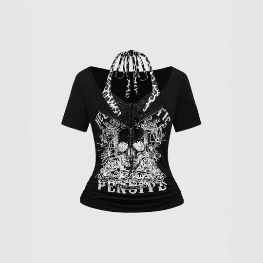 Damen Trendy Crop-Top mit einzigartigem Grafikdruck und Schnürdetails R&B