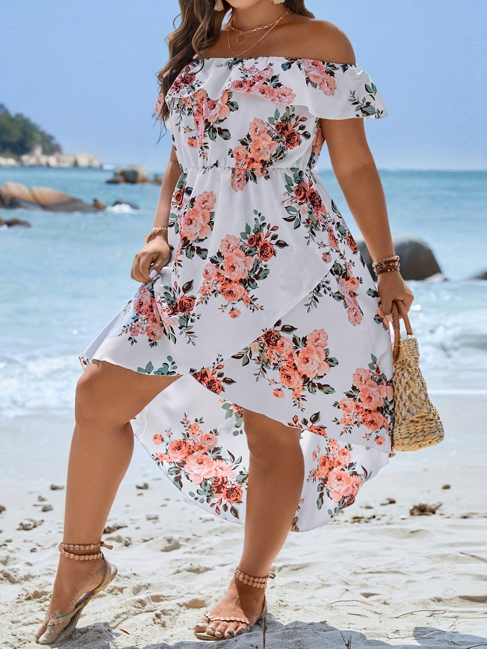 Damen Sommerliches Kleid mit off-shoulder Ausschnitt und floralem Design R&B