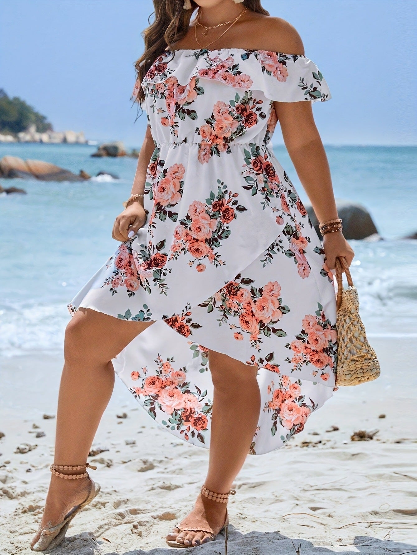 Damen Sommerliches Kleid mit off-shoulder Ausschnitt und floralem Design R&B