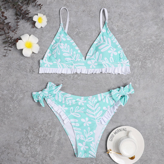 Damen Triangel-Bikini mit verspielten Rüschendetails und floralem Druck R&B