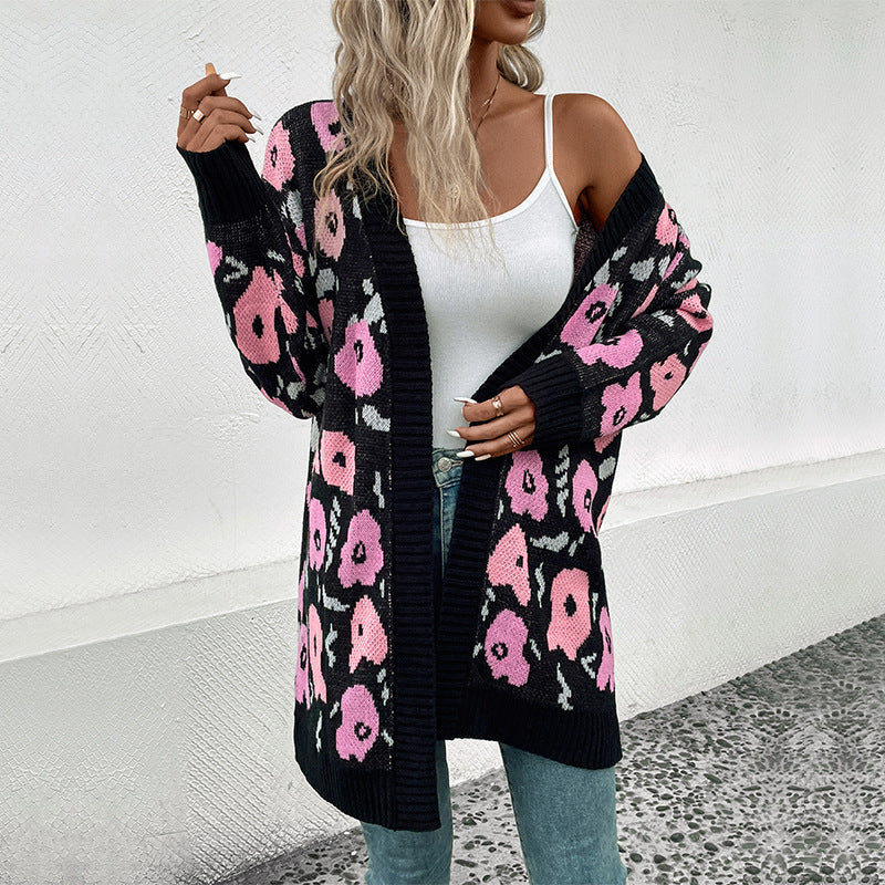 Damen Strickjacke mit floralem Muster und offenem Schnitt