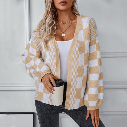 Damen lässige Strickjacke im modischen Karomuster R&B